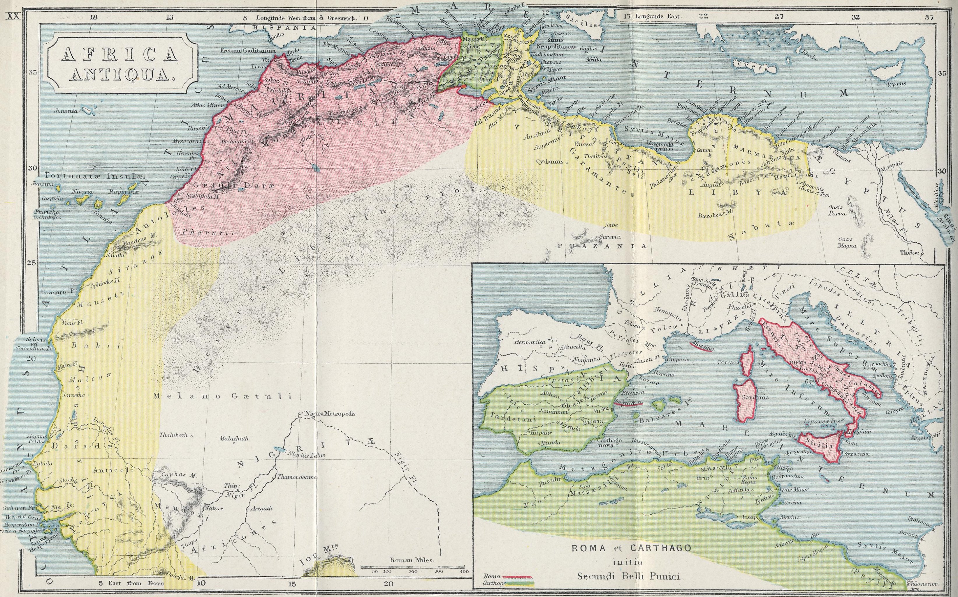 Map of Northwest Africa70 BC - AD 180with inset of Carthage and Rome 218 BC
