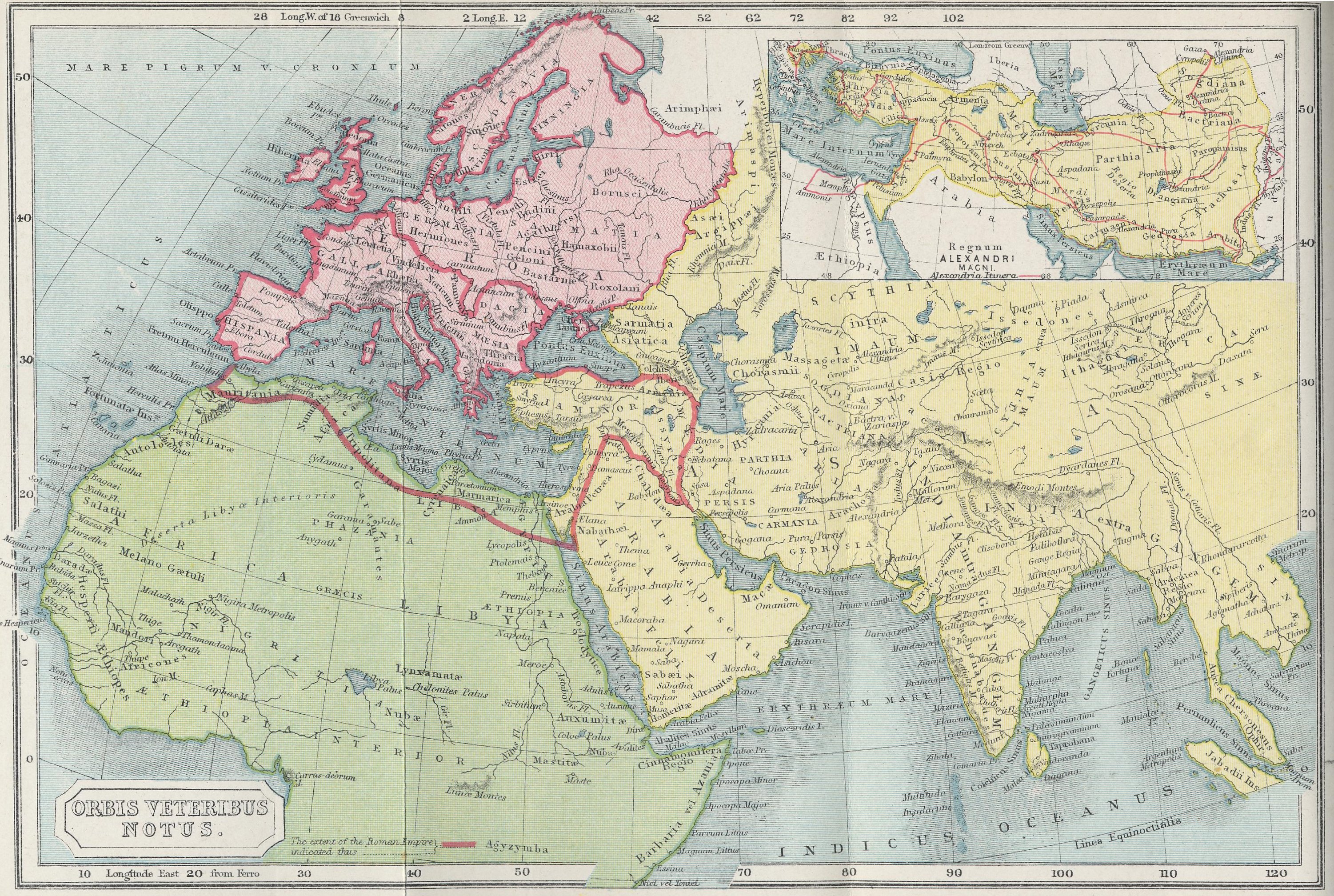 Map of Known Roman World70 BC - AD 180with inset of Alexander's Kingdom 323 BC