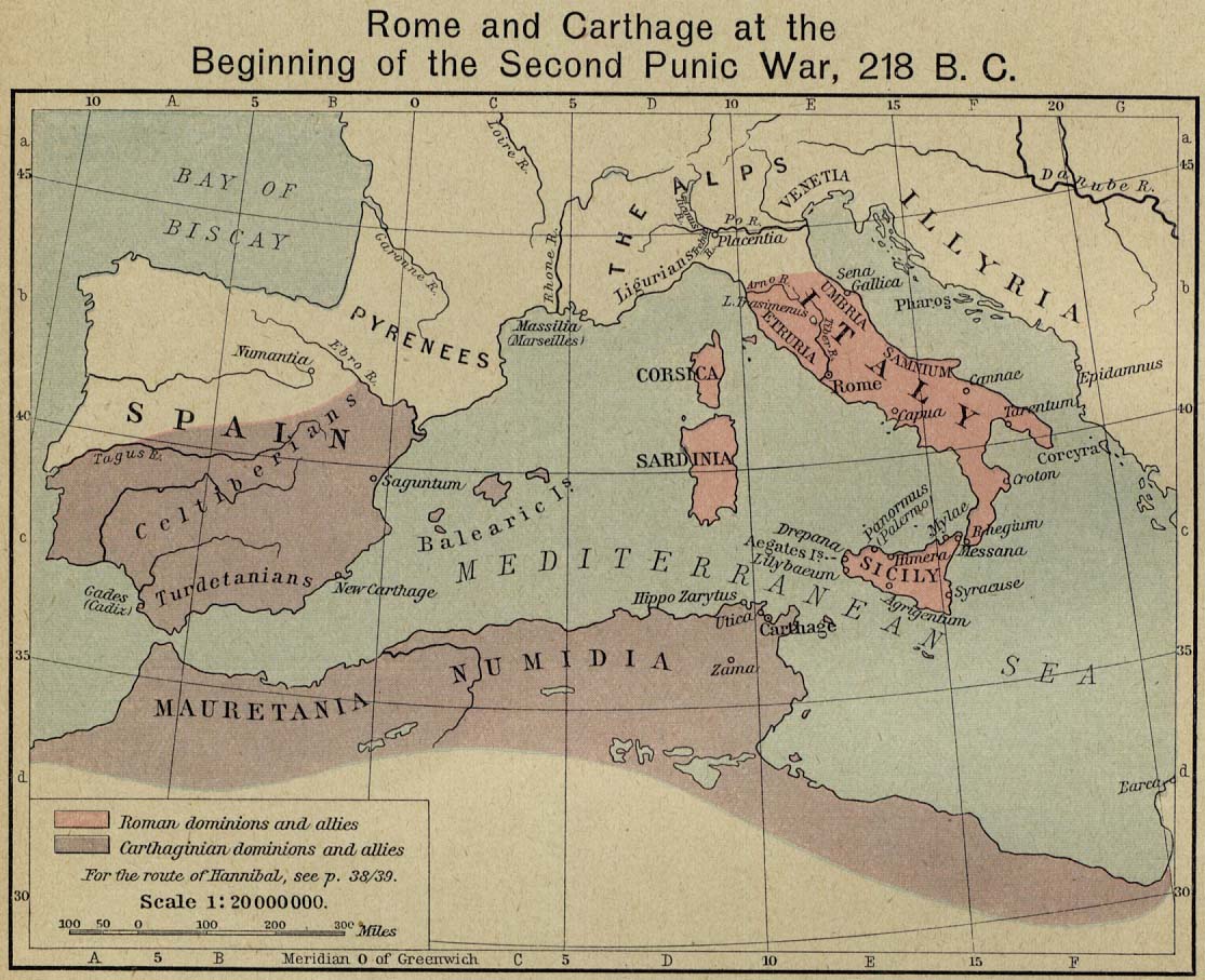 Map of Rome and Carthagec. 218 BC